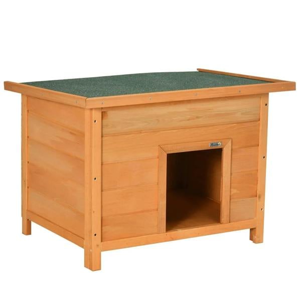 Elevated wooden dog kennel with open front and slatted sides, yellow exterior and dark floor