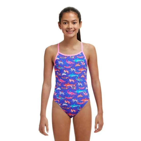 Funkita girls doggie paddle swimsuit in blue with pink straps