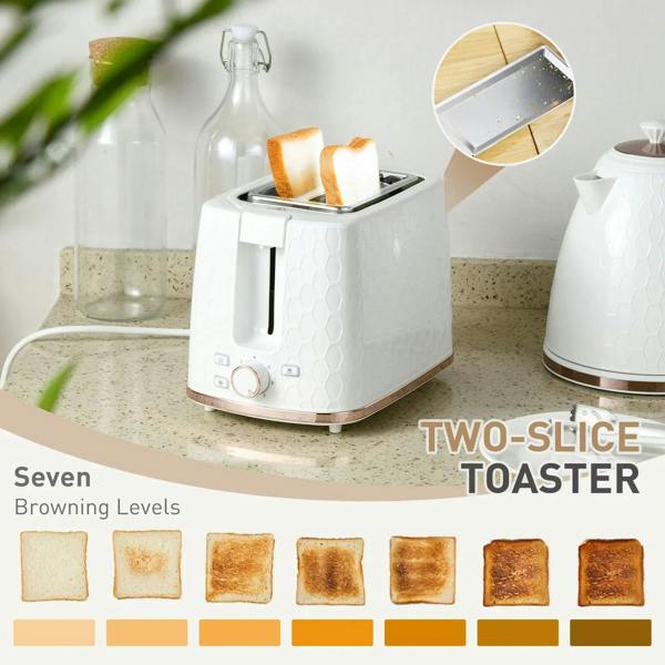 Cream 2-slice toaster with toast slices next to a cream electric kettle