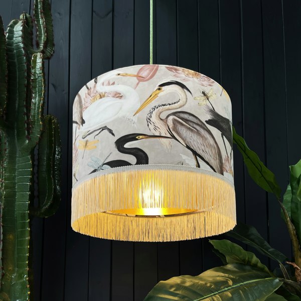 Love Frankie Bird Song Lampshade in Bone With Gold Lining and Fringing