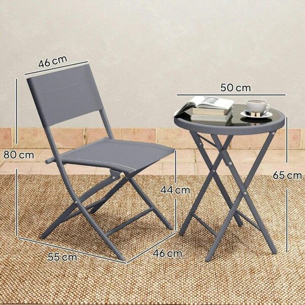 3 Pieces Outdoor Bistro Set, Glass Top Outdoor Table and 2 Folding Chairs with Protecting Feet, Grey