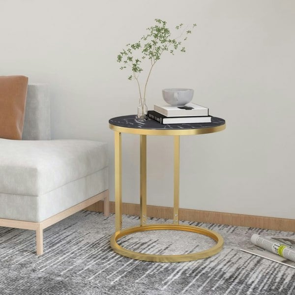 Berkfield Side Table Gold and Black Marble 45 cm Tempered Glass