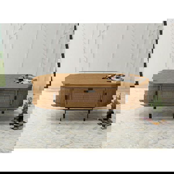 Coffee table in a modernly decorated living room. It shows the 4 built-in cupboards, 1 drawer and top surface area in use.