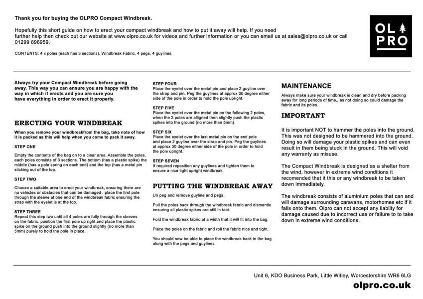 Instructions for the Laurel Hedge 4 Pole Compact Windbreak with Steel Poles by OLPRO.