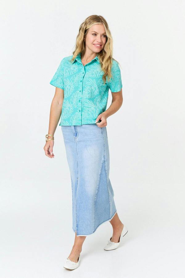 Blue | Leaf Print Textured Short Sleeve Shirt