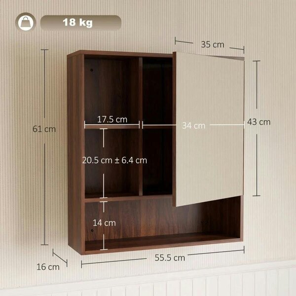 Bathroom Mirror Cabinet, Wall-Mounted Bathroom Cabinet with Mirror Door, Adjustable Shelves, Walnut Brown