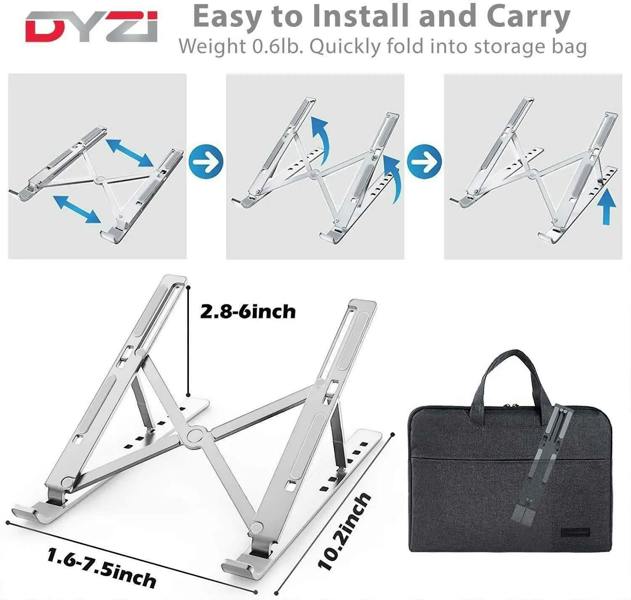 Dyzi Portable Aluminium Laptop & Tablet Lightweight Stand Silver Ventilated Adjustable