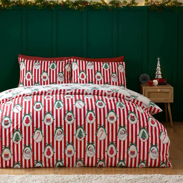Catherine Lansfield Christmas Vintage Stripe Reversible Duvet Cover Set Red