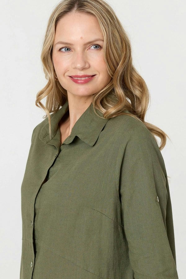 Khaki | Long Sleeve Split Hem Maxi Shirt Dress
