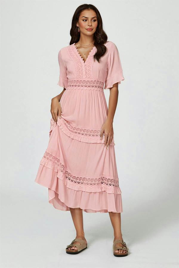 FS Collection V Neck Lace Detail Midi Dress In Rose Nude