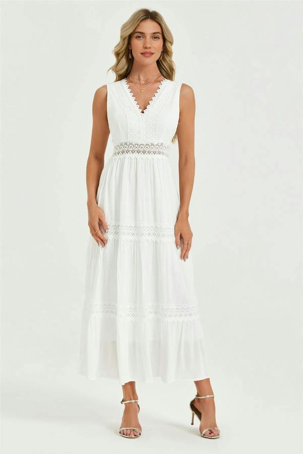 FS Collection Lace Detail Maxi Dress In White