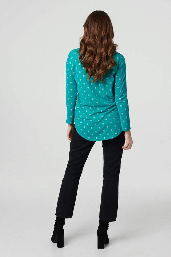 Green | Polka Dot Print Relaxed Long Sleeve Top