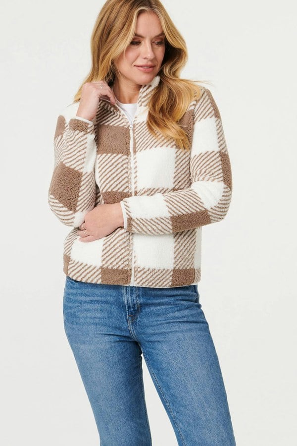 Brown | Checked High Neck Boxy Jacket
