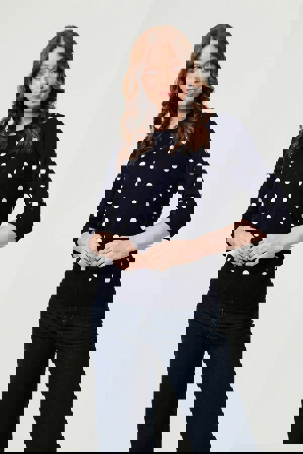 Navy | Polka Dot Print 3/4 Sleeve Slim Jumper
