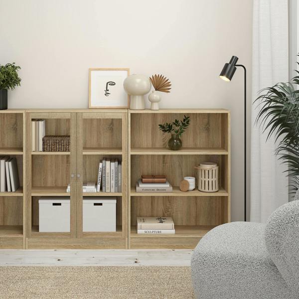 Furniture To Go Basic Low Wide Display Cabinet in Oak (2 Shelves) with 2 Glass Doors in Oak