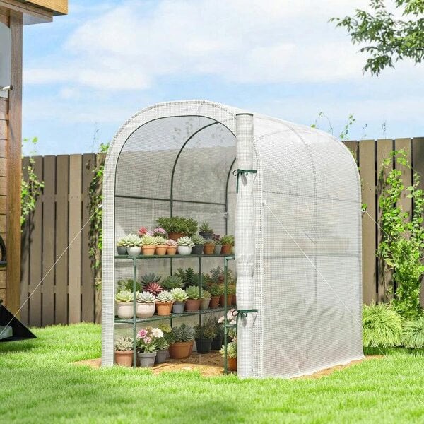 Bobobiy Walk-in Greenhouse with Shelves, Small Greenhouse with PE Cover and Roll-up Door, 123 x 187 x 189 cm, White - White