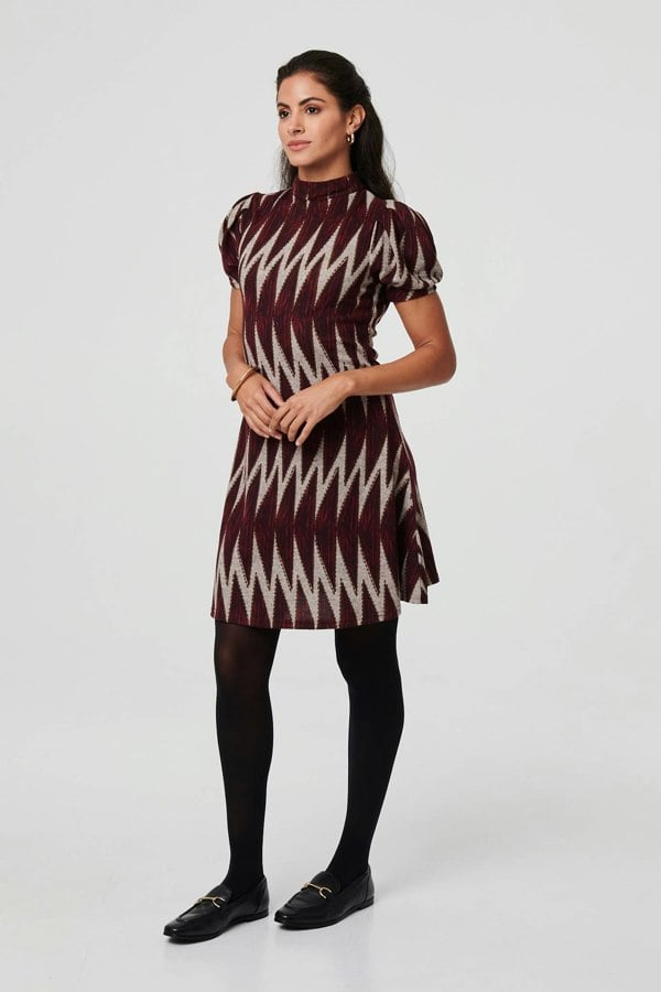 Burgundy | Geo Print Puff Sleeve Mini Skater Dress
