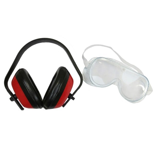 Red and black ear protection earmuffs with adjustable headband alongside clear safety goggles for wood processing tasks