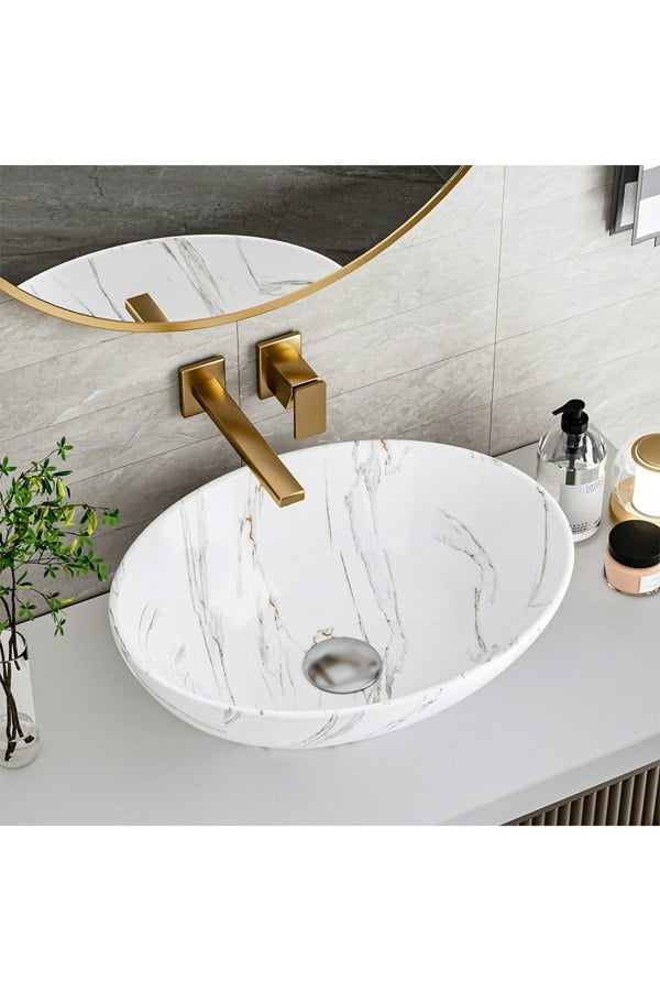 Living and Home Oval Marble Bathroom Vanity Vessel Sink