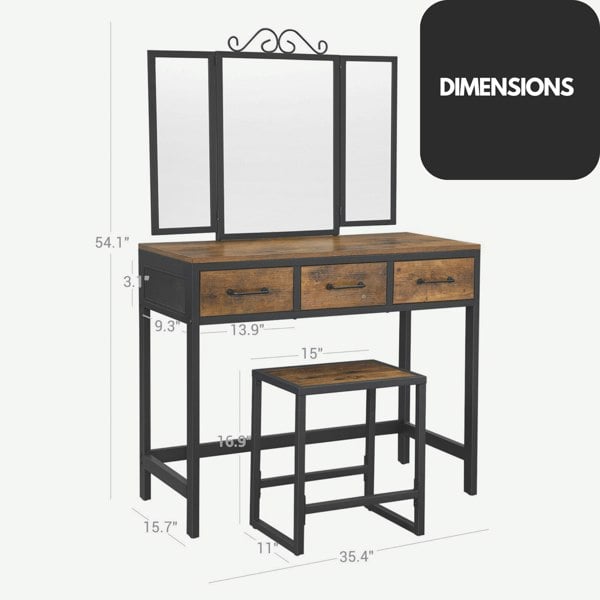 Rafaelo Mobilia Industrial Rustic Brown Dressing Table With Mirror And Stool