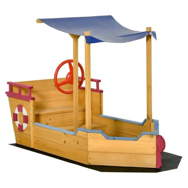 Kids wooden pirate ship sandpit with blue canopy, bench storage and sand liner