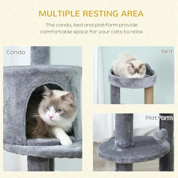 Grey plush cat condo tower with enclosed bed, platform perch, and scratching post