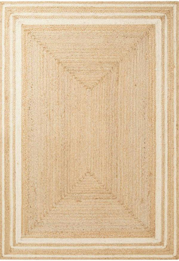 Beige braided rug with a rectangular pattern on a white background