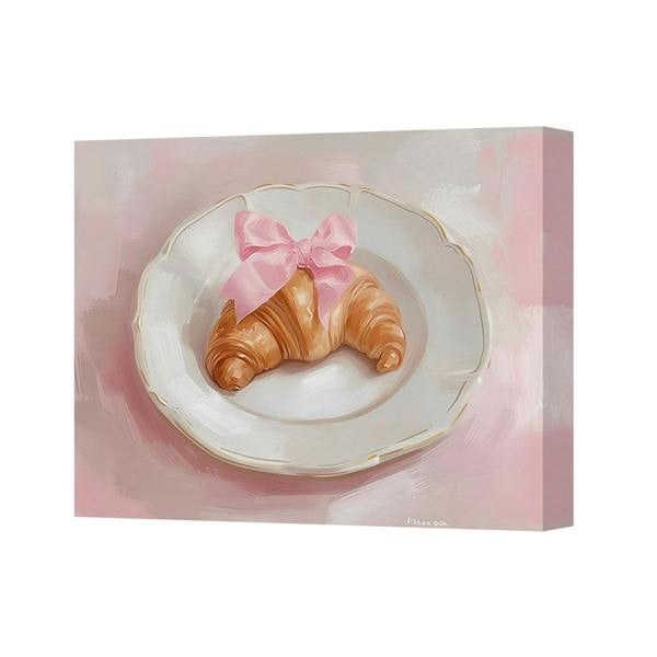 Benjamin Tate Design Canvas Art Print Croissants On Plate With Pink Ribbon