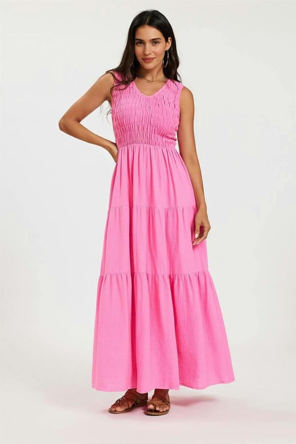 FS Collection Shirred Tiered Maxi Dress with Sleeveless V-Neck