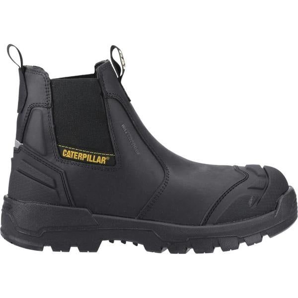 Caterpillar Striver XL Mens Pull On Waterproof S7 Safety Dealer Boots, black waterproof safety boots with pull-on design and rugged sole.
