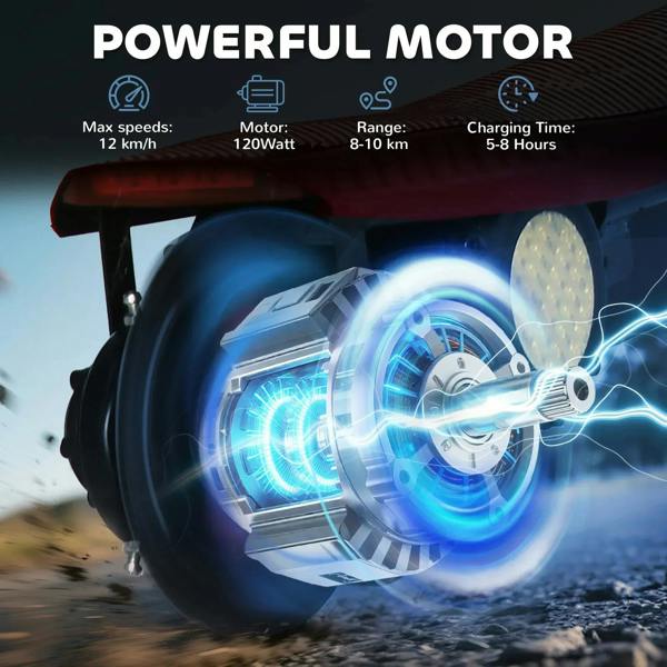 Electric scooter motor and front wheel with bright blue light effect, close-up.