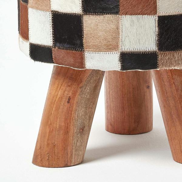 HOMESCAPES Cream, Brown and Tan Hide Check Stool with Wooden Legs