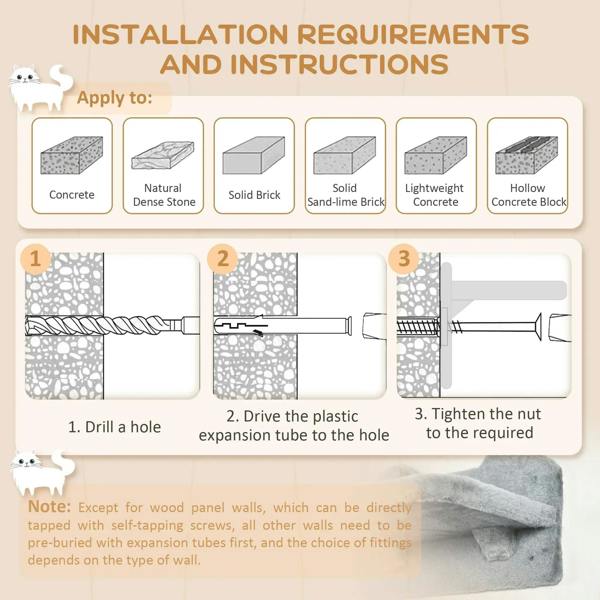 Grey plush cat hammock and wall-mounted shelf set, shown with installation instructions