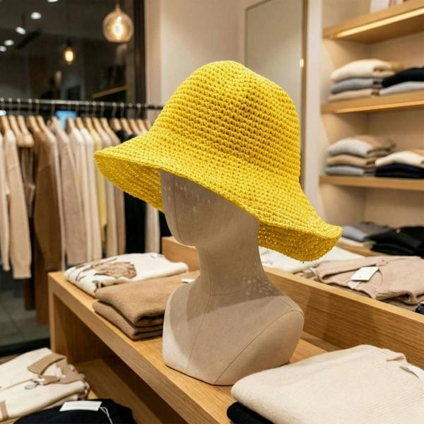 Yellow straw floppy sun hat on mannequin with wide brim