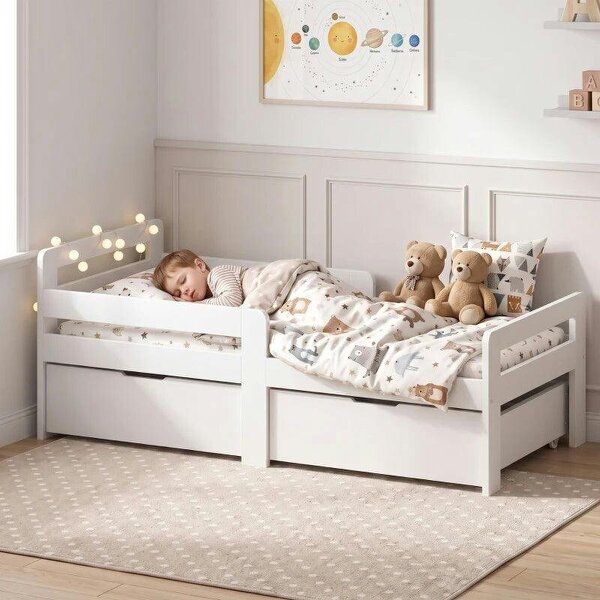 Wooden Kids Bed Frame with 2 Storage Drawers and Guard Rails for Ages 4-14, 144 x 76 x 57 cm (No Mattress), White