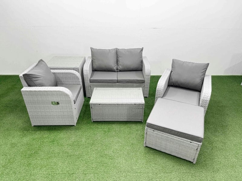 Fimous 5-Seater Light Grey PE Rattan Sofa Set | Reclining Chair, Rectangular Coffee Table, Footstool, Side Table