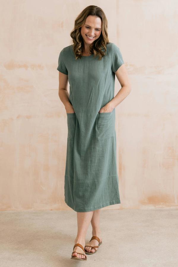 Summer Breeze Linen Blend Dress Laurel Green