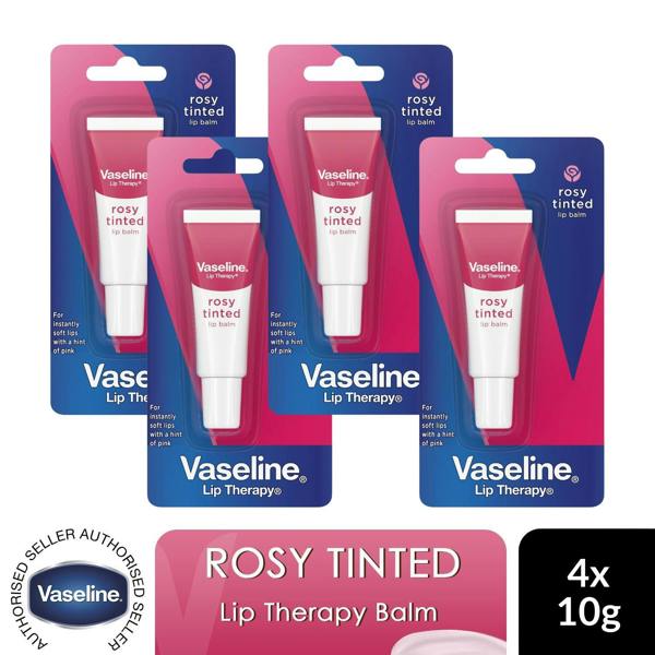 Vaseline Lip Therapy Rosy Tinted Lip Balm Pocket Tube 10g Pink Hint, 4 Pack