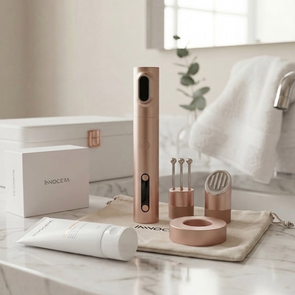 Complete Innocera Platinum skincare system displayed with the handheld device, interchangeable treatment heads, charging dock, storage pouch, product box and Innocera Conductor Gel.