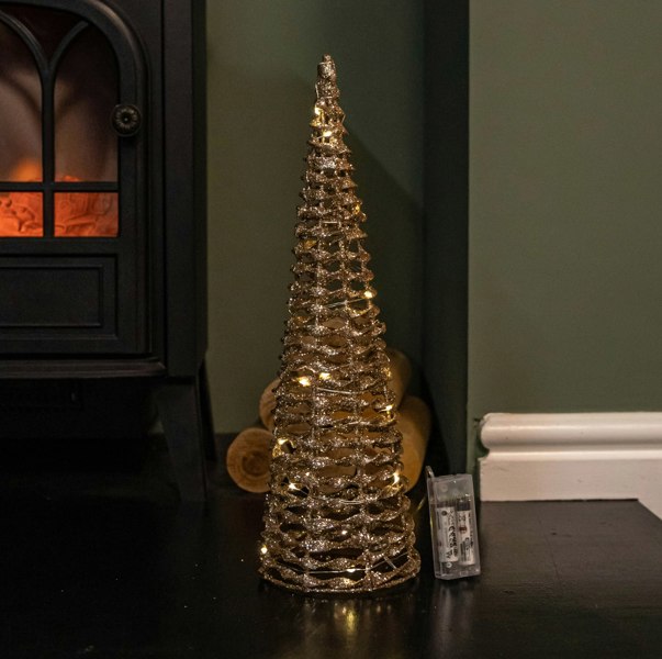 Samuel Alexander Set of 3 Gold Glitter Twist Christmas Cone Trees with 90 Warm White LEDs