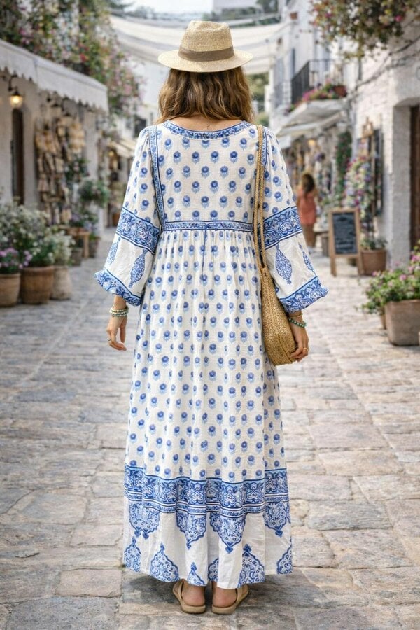 AMELIA FLOATY SLEEVE WOODBLOCK PRINTED COTTON VOILE DRESS