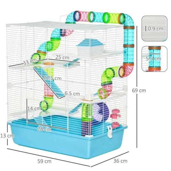 Light blue hamster cage with multi-tier ramps, tubes, and exercise wheel, with size callouts.