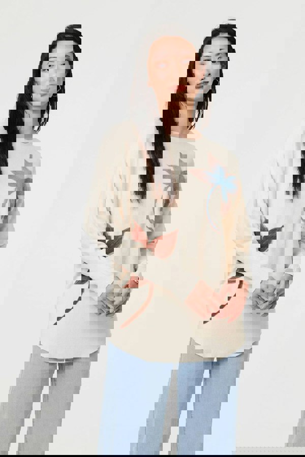 Beige | Leaf Print Batwing Sleeve Relaxed Top
