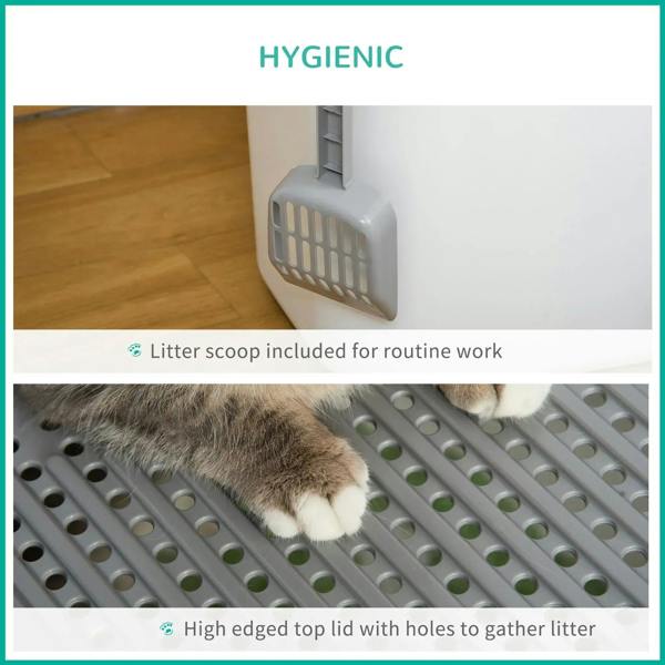 White enclosed cat litter box showing side door panel and high-edged top lid holes