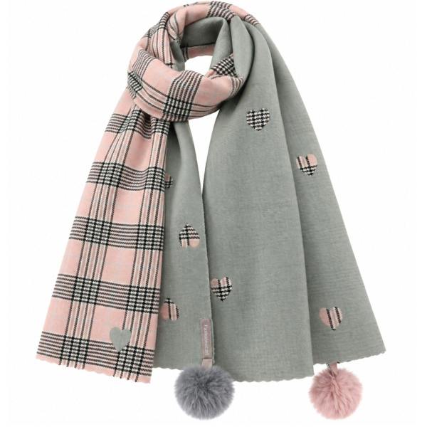 Women’s Tartan Heart Scarf with Faux Fur Pom Poms