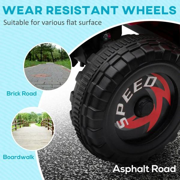 Quad bike with large black tread wheels for asphalt and brick-road grip
