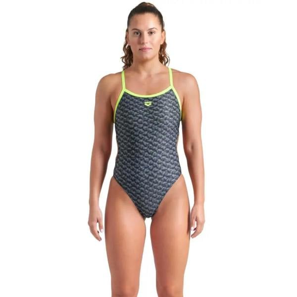 Black Arena Monogram Challenge one-piece swimsuit with lime trim