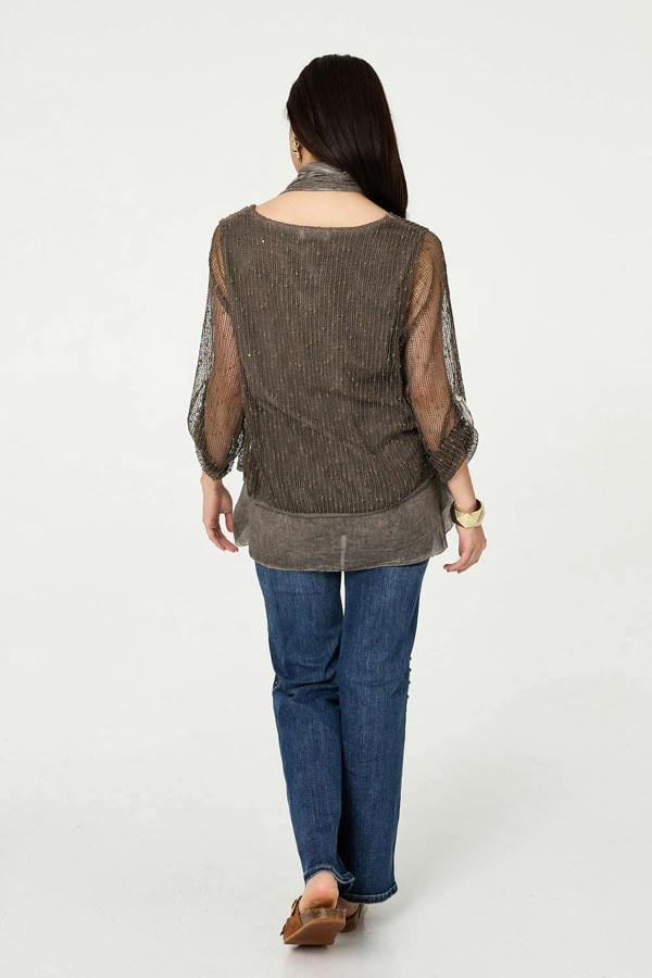 Brown | Sparkly Mesh Scarf Detail Layered Top