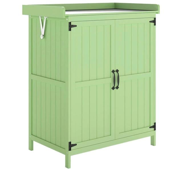 Light green wooden garden shed with double doors and hinged roof, outdoor storage cabinet