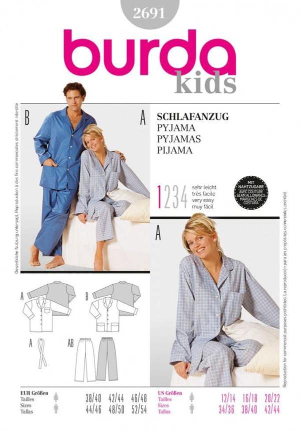Burda Sewing Pattern 2691 Trousers, Pyjamas, Shirts and Tops For Men and Women, 12-22 / 34-44 - Easy